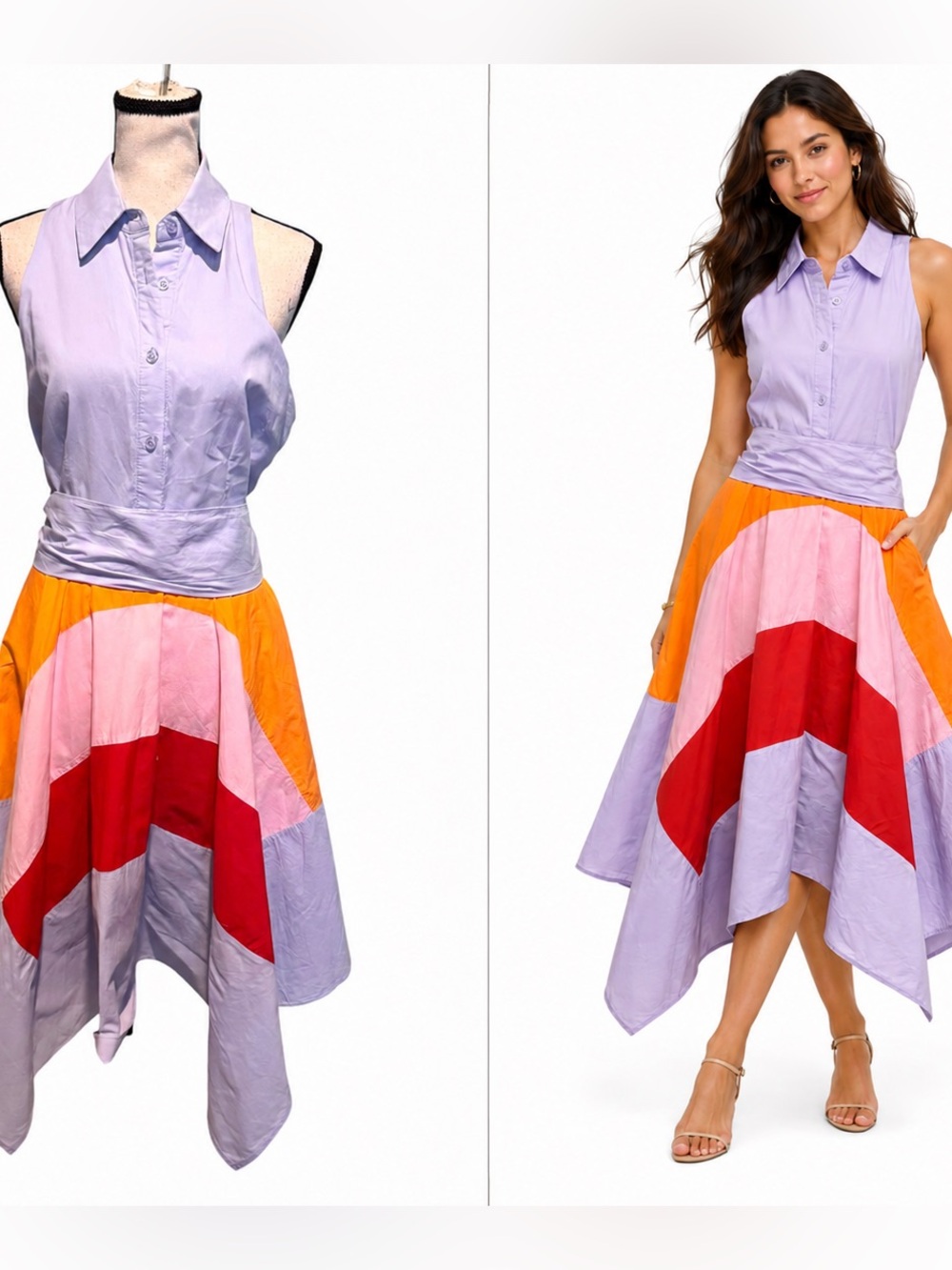 INA Colorblock Asymmetric Midi Shirtdress Lavender‎ Sleeveless Cotton Dress Sz 6
